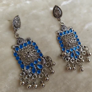 Blue Long Danglers-Fashionable and Chic, placed on off white cloth