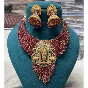 Ruby Colour Beaded Necklace Set with Golden Centerpiece