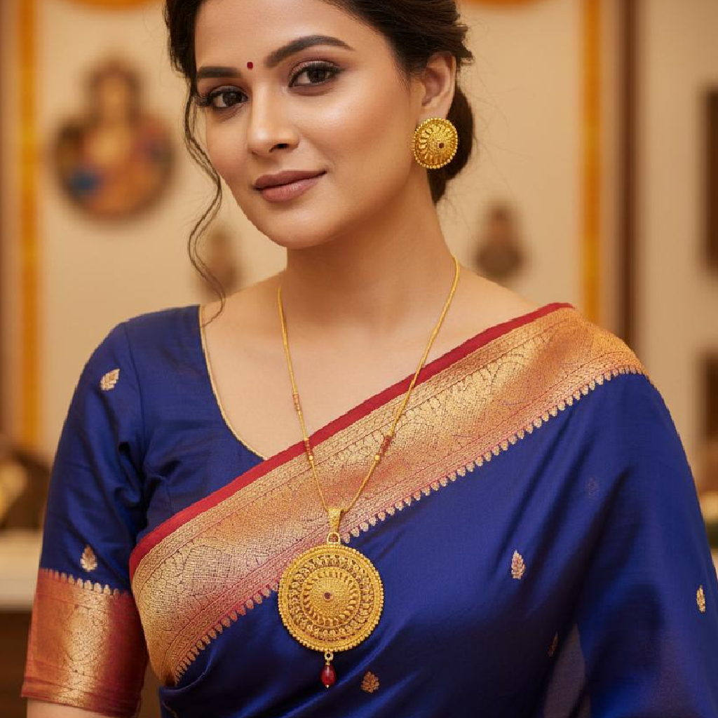 Golden brass necklace with ruby center stone worn by a woman