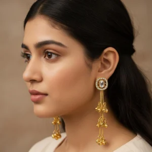 Kashmiri style long drop earrings gold toned