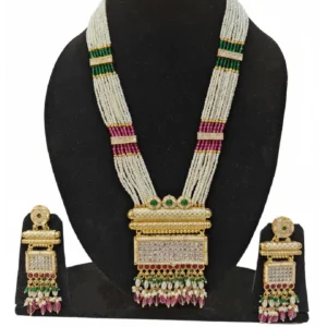 Rajwadi matte finish gold look rani haar necklace set on mannequin