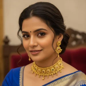 golden choker necklace antique style set worn by a woman