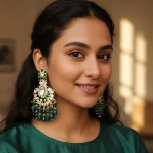 kundan and polki earrings chandbali, a woman is wearing