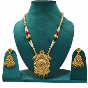 moti mala necklace set in maroon and green beads displayed on mannequin