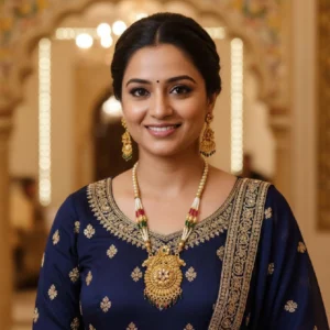 moti mala necklace set in maroon and green beads woman wearing