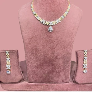 American Diamond Floral Necklace Set displayed on a mannequin