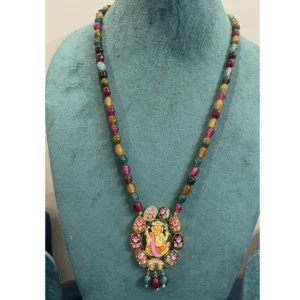 Hand Painted Lord Ganesha Tanjore Pendant Necklace with Multi Color Gemstone Beads
