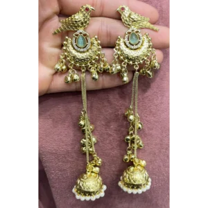 Kashmiri Long Jhumka Earrings Bird Motif with mint green stone option