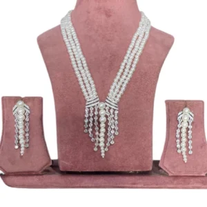 Multi Layered White Pearl Necklace Set with Tassel Drops, displayed on a mannequin