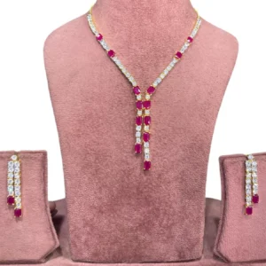 Ruby Red American Diamond Necklace Set displayed on mannequin