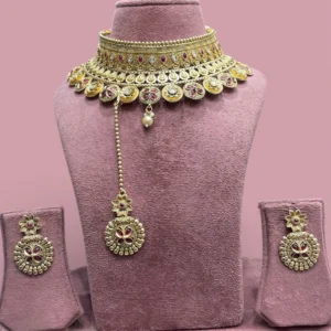 Traditional Rajputi Aad Choker Set with Maang Tikka ruby white stone option, displayed on a mannequin