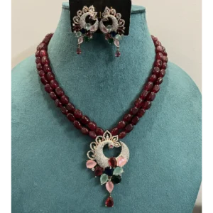 Victorian Beaded Necklace in Red - Peacock Pendant,displayed on a mannequin