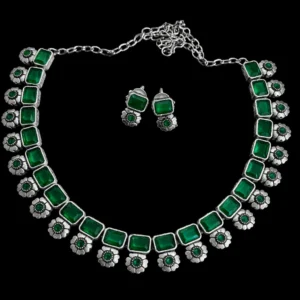 Emerald Green Oxidized Necklace Set displayed on black background