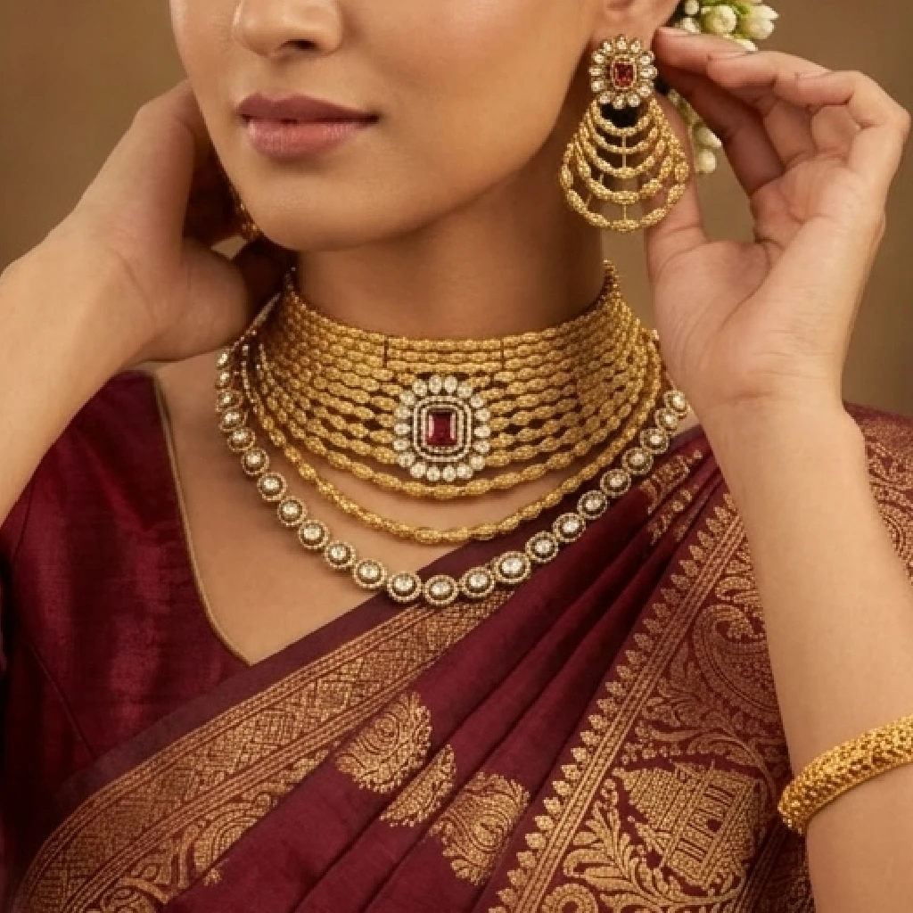 Golden Kundan Bridal Jewellery Set 2 Golden Kundan Bridal Jewellery Set, a woman is wearing it