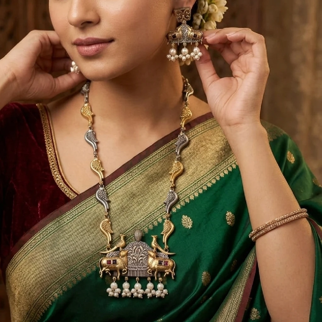Silver Gold Polish Necklace Set in Dual Tone Cow Motif 2 Silver Gold Polish Necklace Set in Dual Tone Cow Motif, a woman is wearing it on silk saree